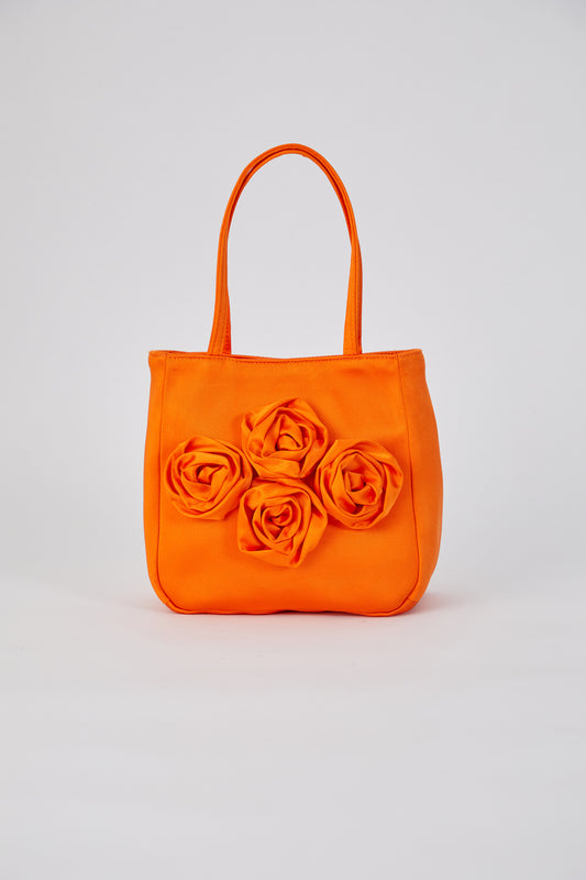 Floral Satin Handbag with Detachable Crossbody Strap - Orange