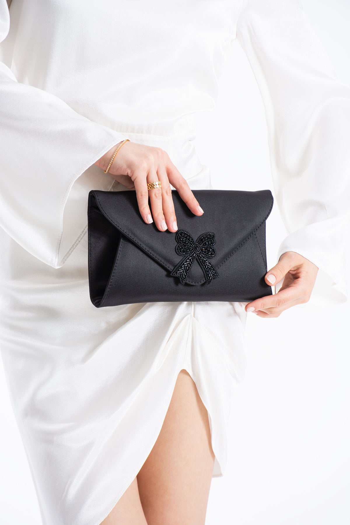 Satin Evening Clutch Bag with Embellishment - Black