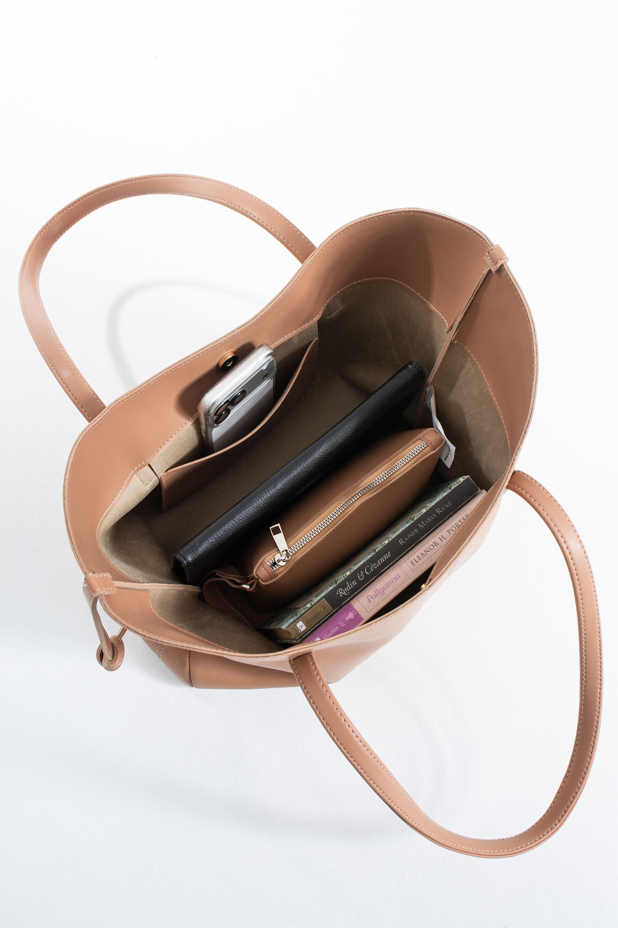 Pu Leather Large Tote Bag with Matching Zipper Pouch  2PCS Set - Nude