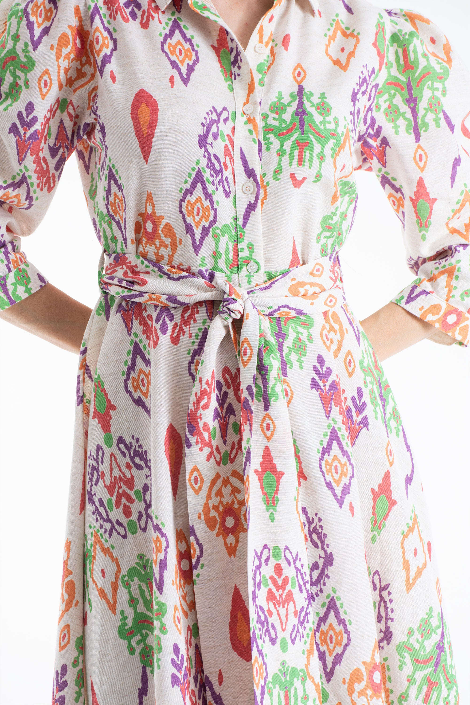 Women’s Linen Blend Ornamental Print Midi Shirt Dress - Cream