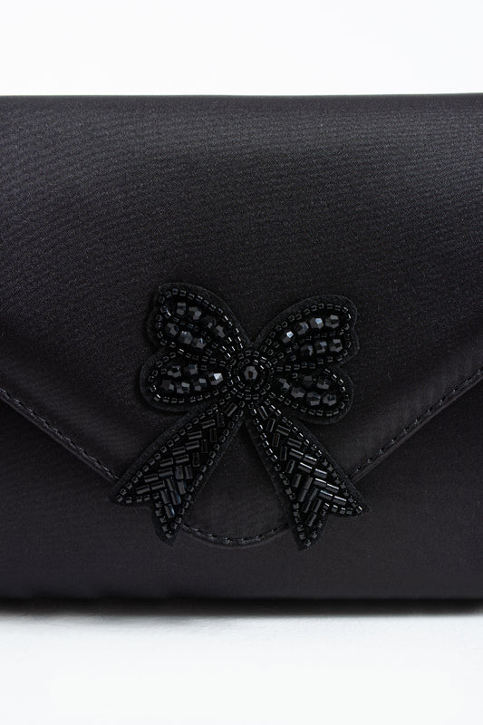 Satin Evening Clutch Bag with Embellishment - Black