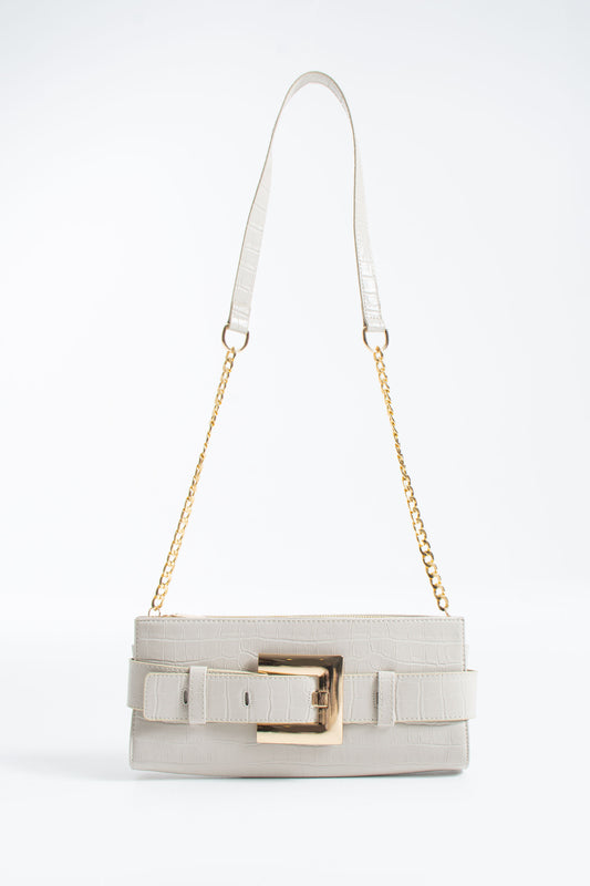 Croc PU Leather Shoulder & Clutch Bag with Large Gold Buckle - Cream