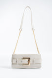 Croc PU Leather Shoulder & Clutch Bag with Large Gold Buckle - Cream