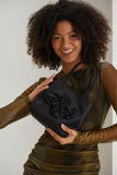 Floral Satin Handbag with Detachable Crossbody Strap - Black