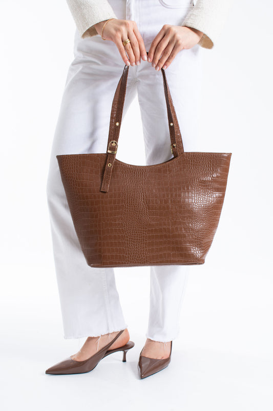 Textured  Pu Leather Tote Bag with Matching Zipper Pouch 2PCS Set - Brown