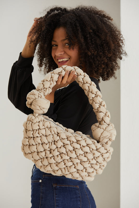 Puffy Quilted Lightweight Shoulder Bag - Beige