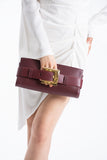 PU Leather Shoulder & Clutch Bag with Large Gold Buckle - Burgundy