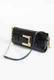 Croc PU Leather Shoulder & Clutch Bag with Large Gold Buckle - Black
