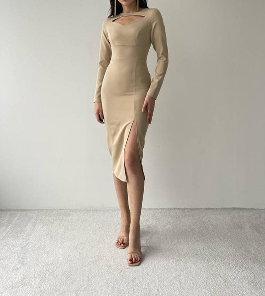 Cut Out Sweetheart Neck Line Midi Dress With Side Slit - Beige