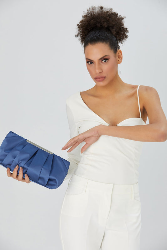 Pleated Satin Clutch Bag - Blue