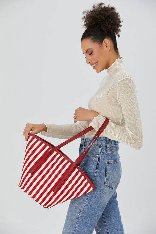 Striped Canvas Tote Bag - Red & White