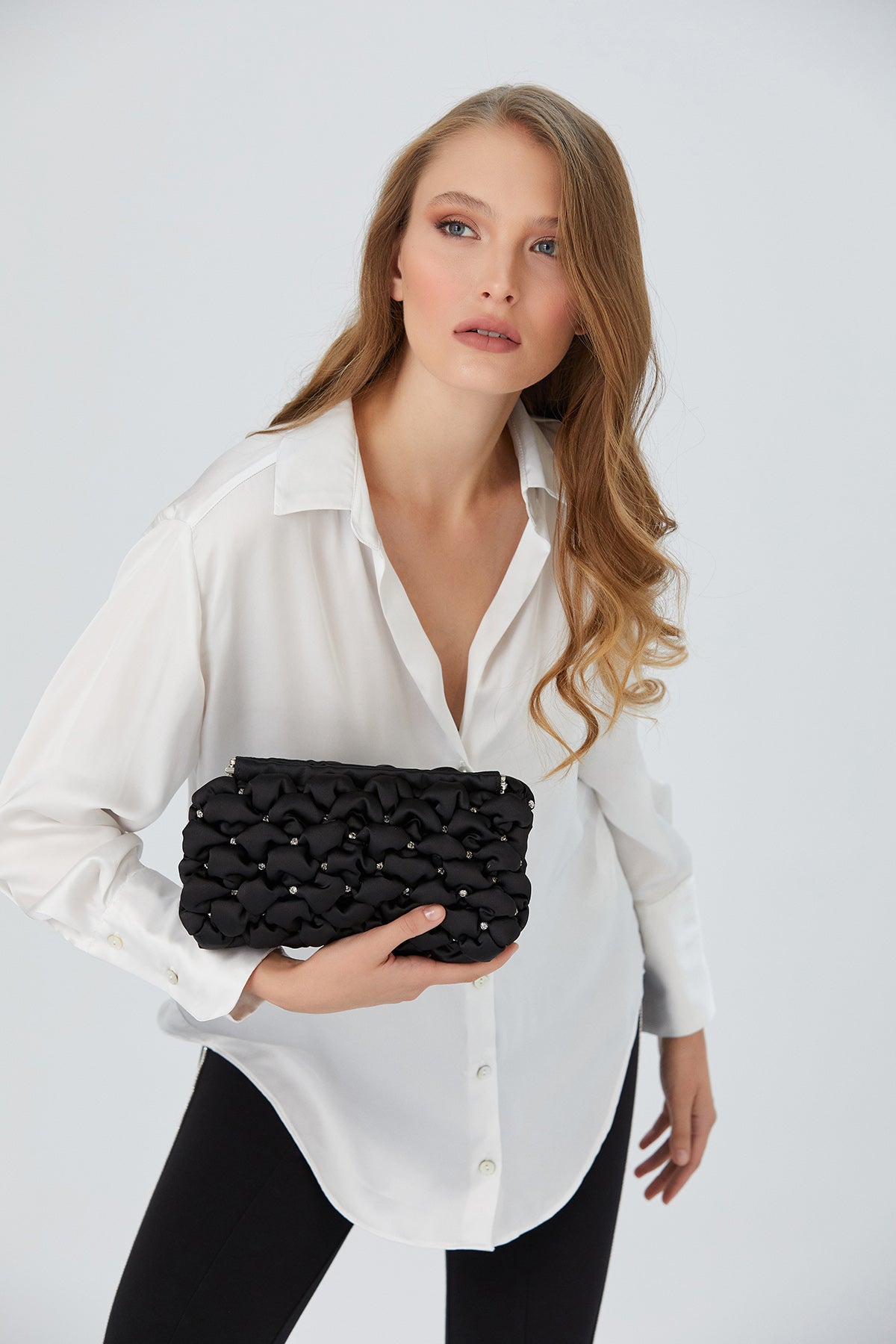 Recycled Quilted Satin Clutch Bag - Black