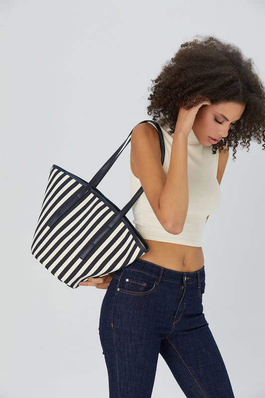 Striped Canvas Tote Bag - Black & White