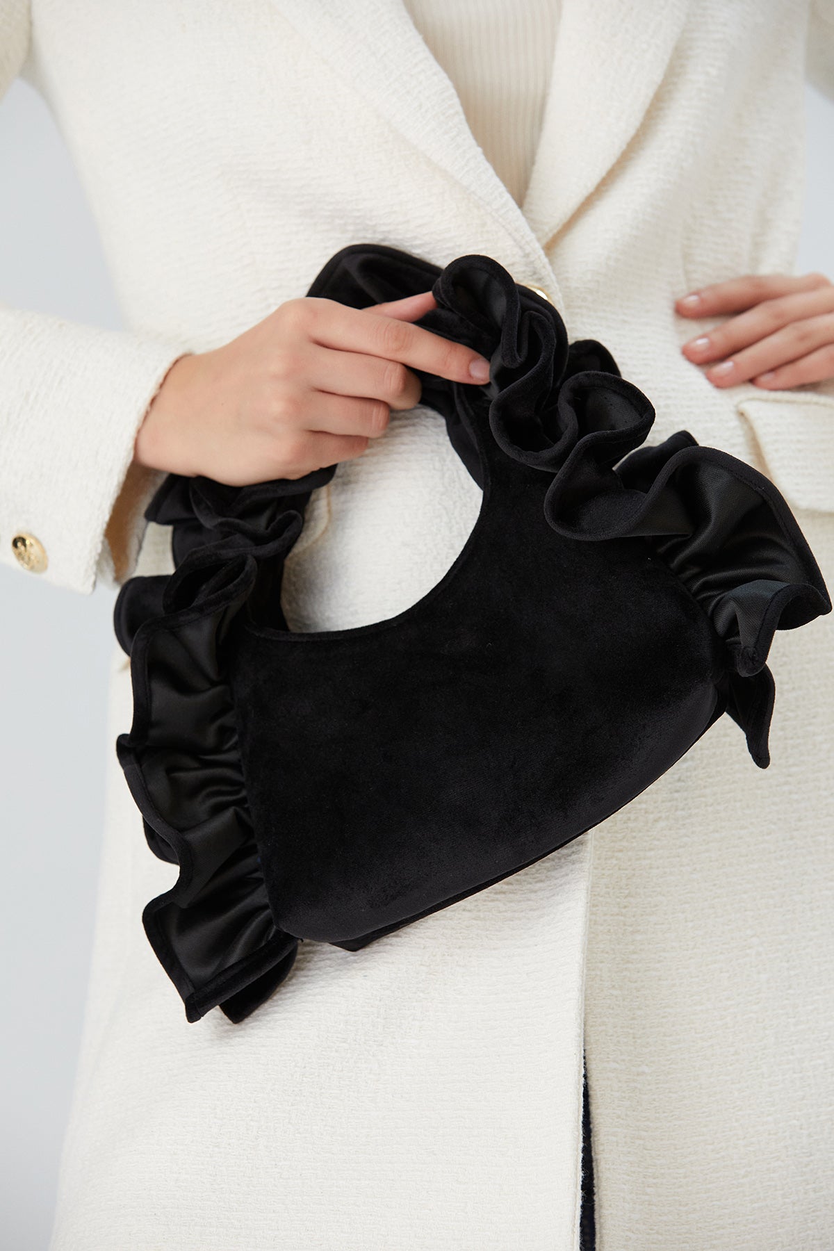 Frill Detail Velvet Shoulder Bag - Black