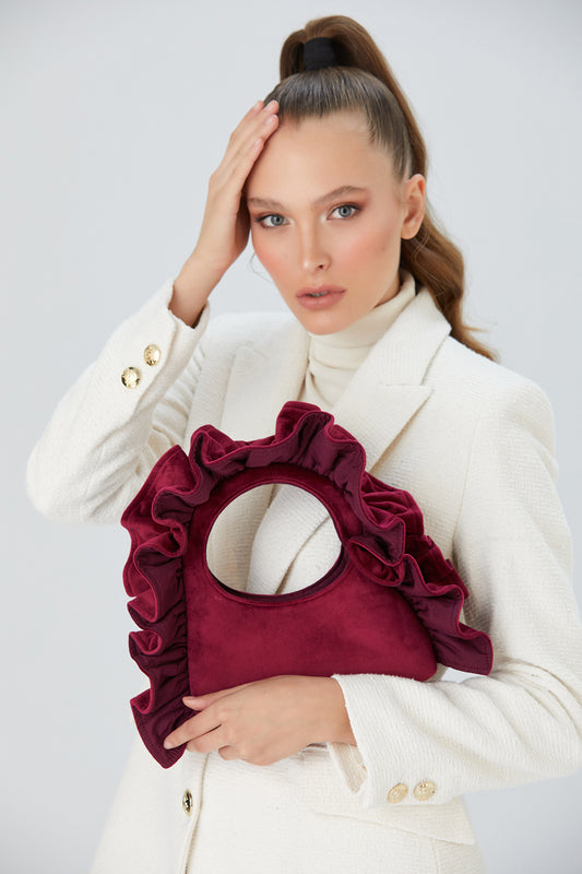 Frill Detail Velvet Shoulder Bag - Burgundy