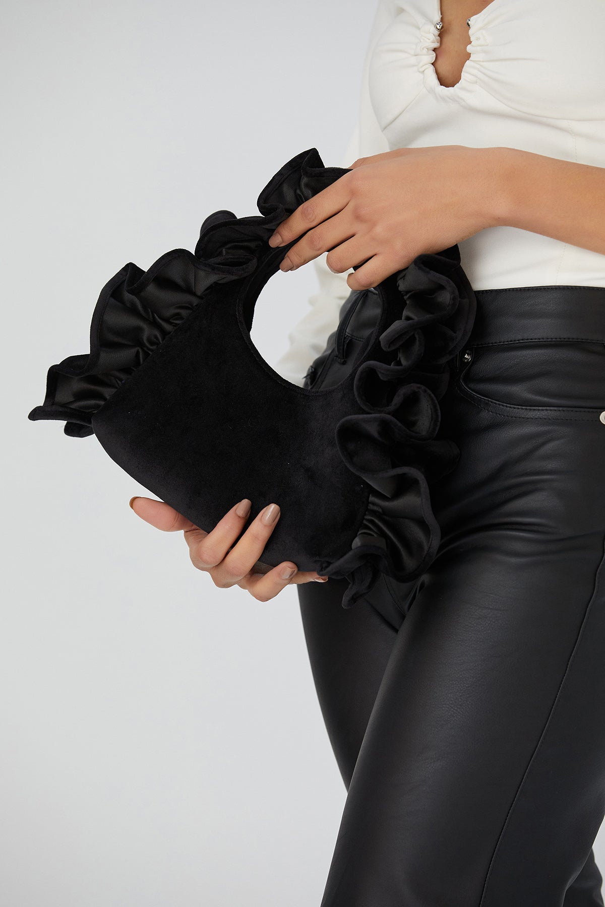 Frill Detail Velvet Shoulder Bag - Black