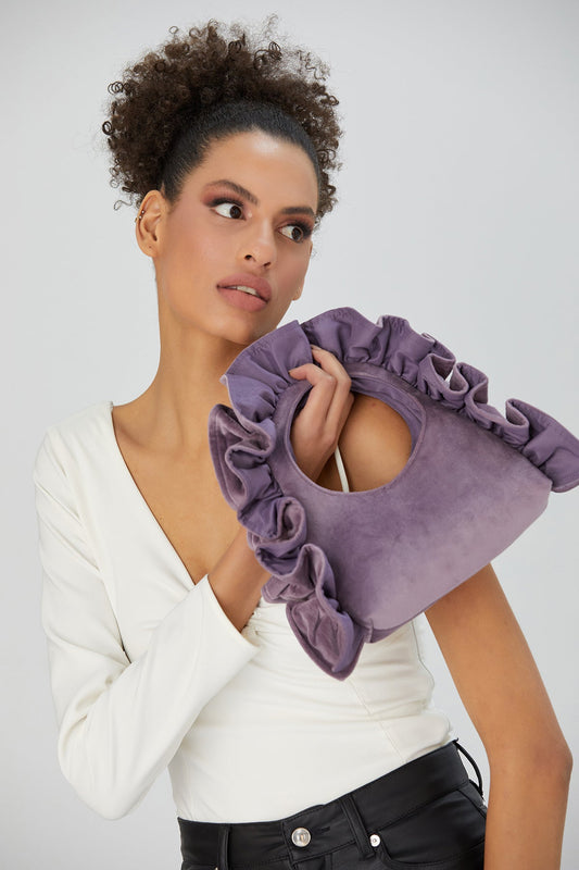 Frill Detail Velvet Shoulder Bag - Lilac