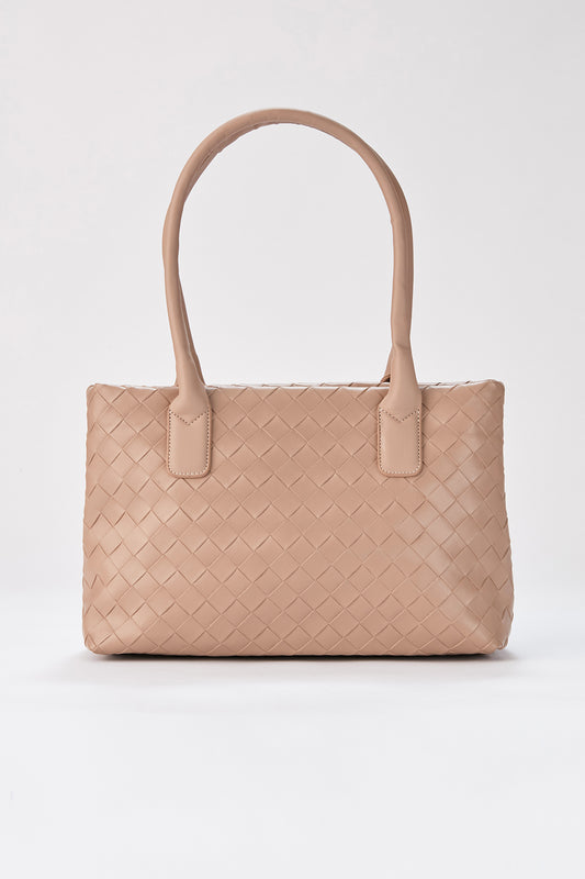 BRAIDED VEGAN LEATHER TOTE - BEIGE