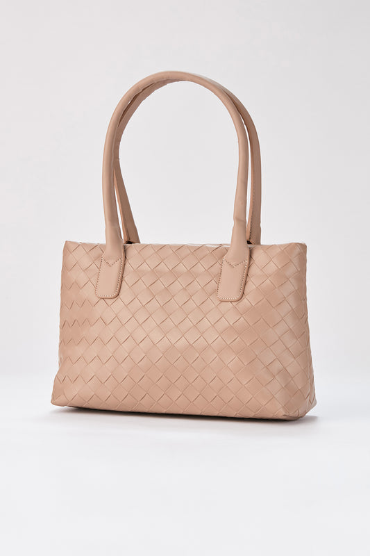 BRAIDED VEGAN LEATHER TOTE - BEIGE