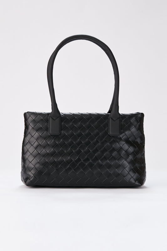 Braided Vegan Leather Tote Bag - Black