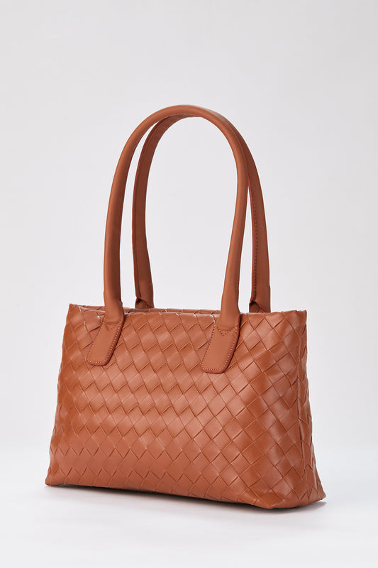 BRAIDED VEGAN LEATHER TOTE - BROWN