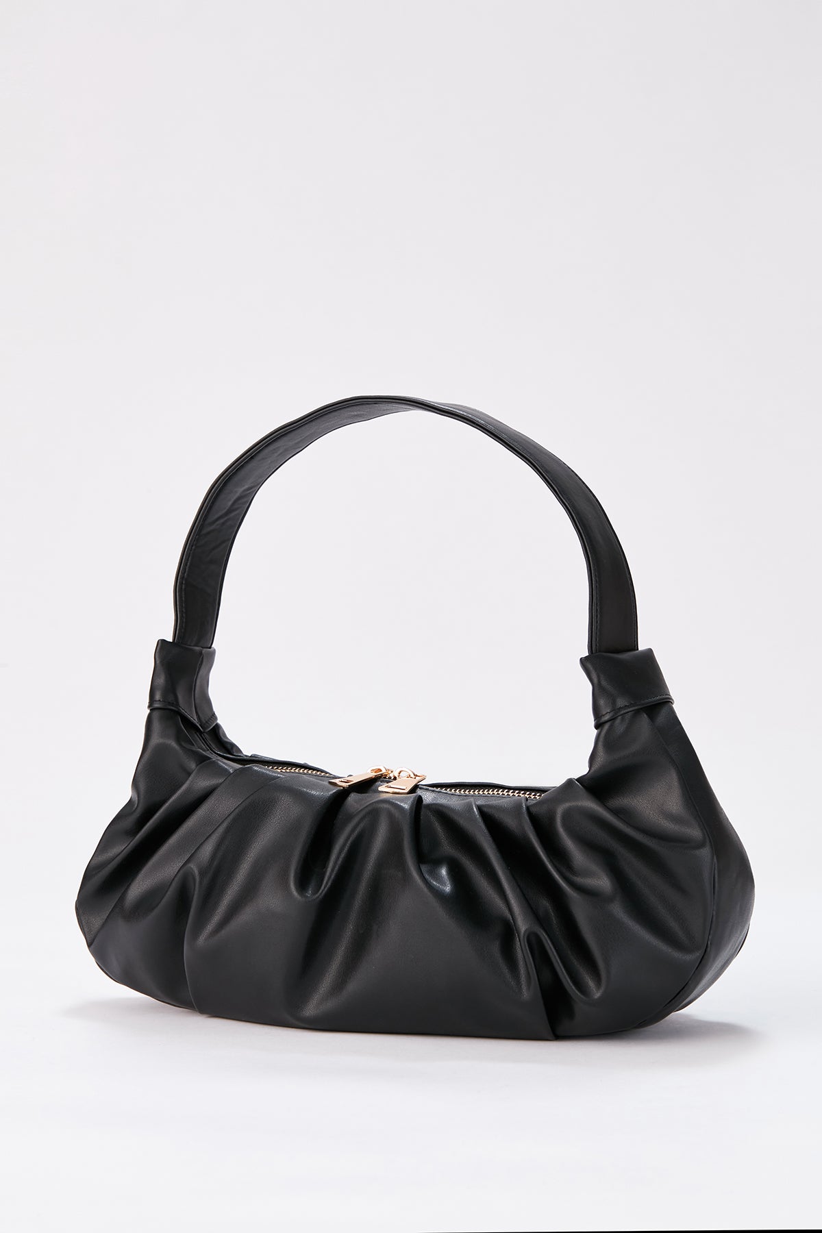 Pleated Vegan Leather Shoulder Bag - Black