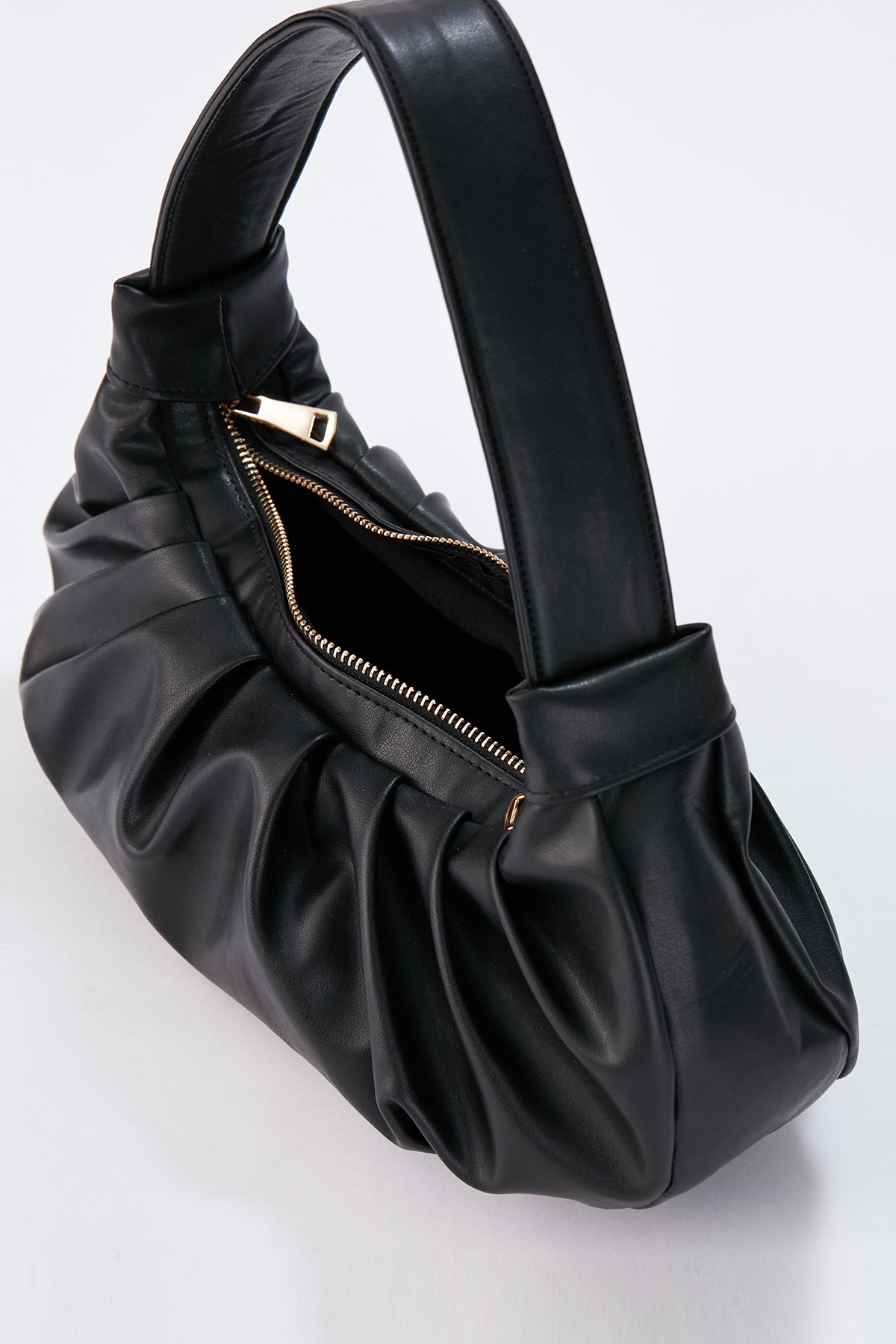 Pleated Vegan Leather Shoulder Bag - Black