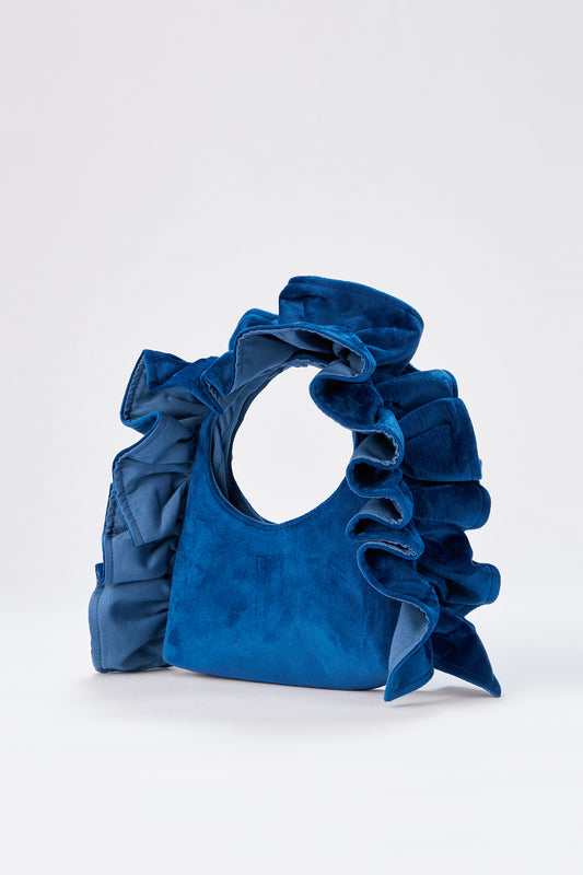 Frill Detail Velvet Shoulder Bag - Navy