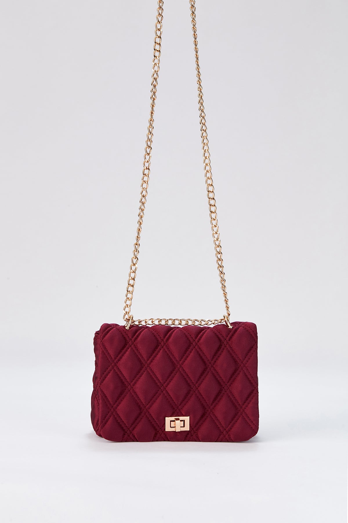 Recycled Quilted Satin Crossbody Bag - Burgundy