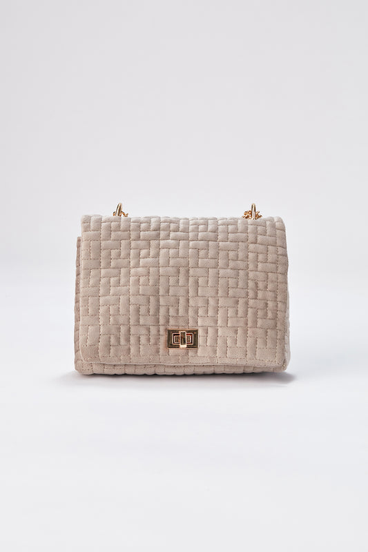 Quilted Velvet Crossbody Bag - Beige