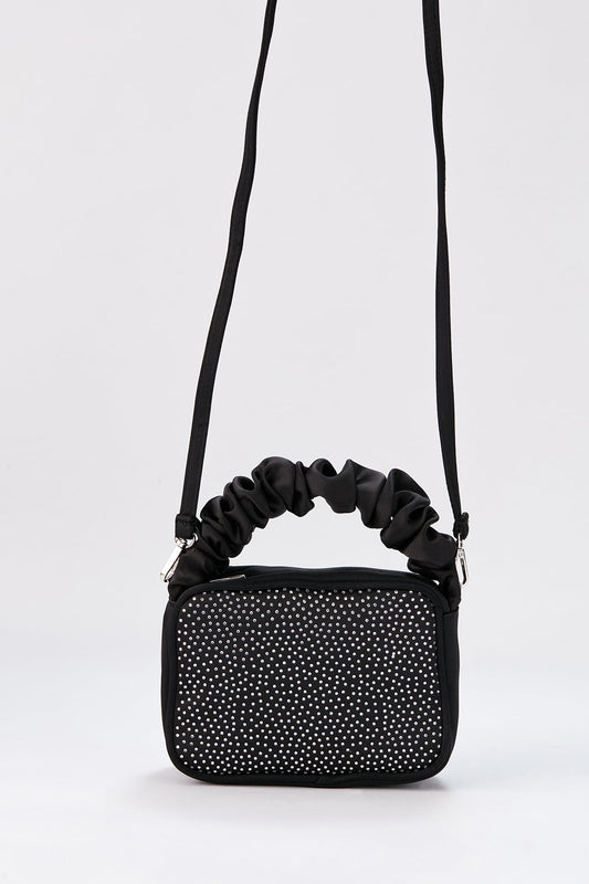 Satin All Over Diamante Camera Bag - Black