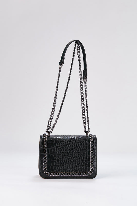 Croco Chain Shoulder Bag - Black