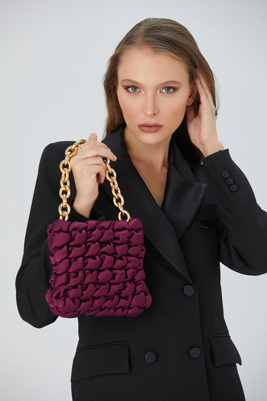 Quilted Satin Handbag - Burgundy