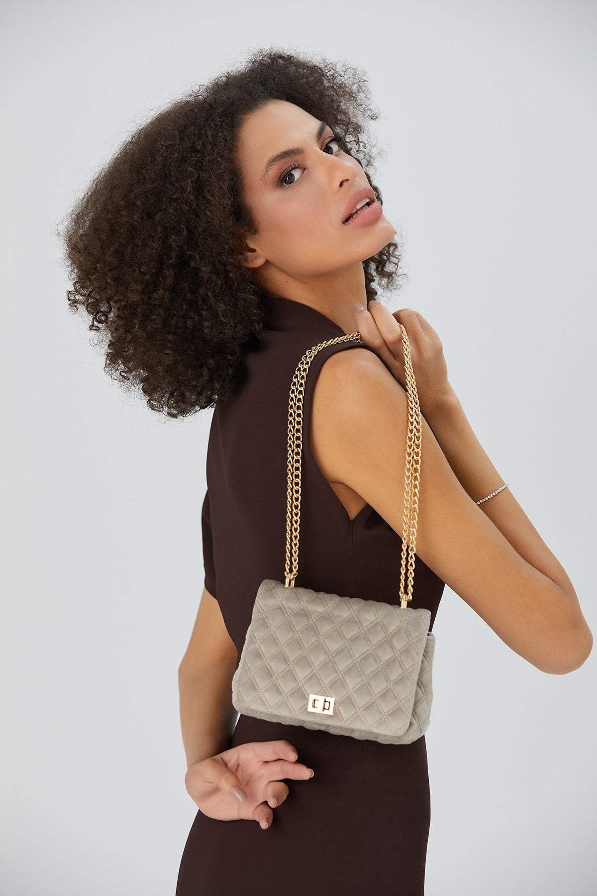 Quilted Mini Crossbody & Shoulder Bag - Beige
