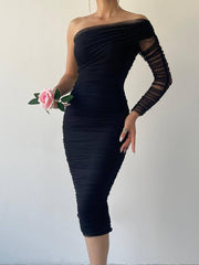 One Shoulder Mesh Ruched Midi Dress - Black