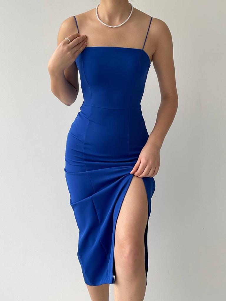 Woven Side Slit Midi Dress - Blue