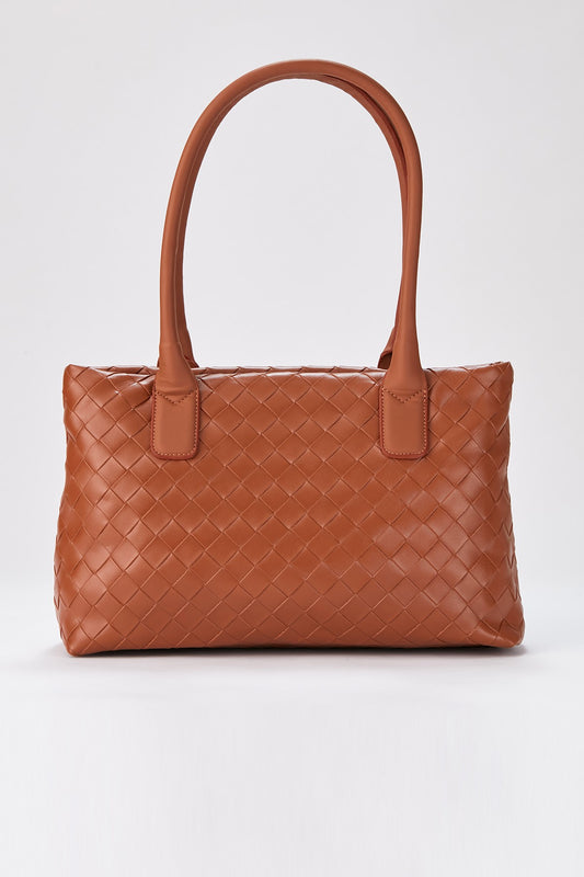 BRAIDED VEGAN LEATHER TOTE - BROWN
